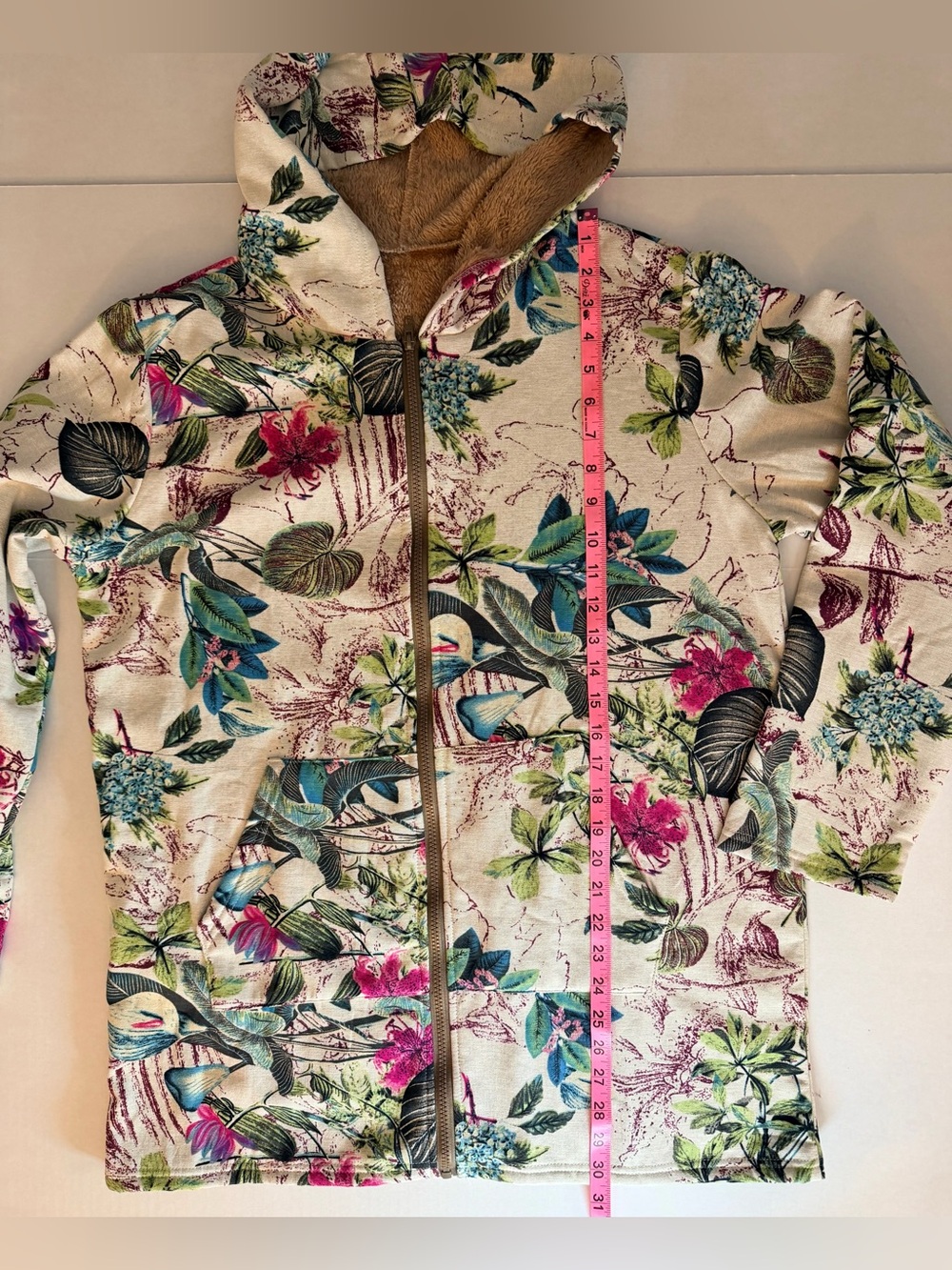 Cozy Soft Boho Light Plant Floral Hooded Zip-up Jacket Tan Fleece Lining Size L - Picture 6 of 13